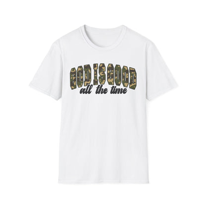 God is Good Faith Based Softstyle T-Shirt (Camo Lettering)