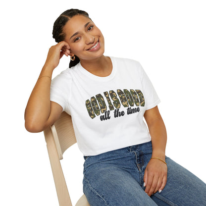God is Good Faith Based Softstyle T-Shirt (Camo Lettering)