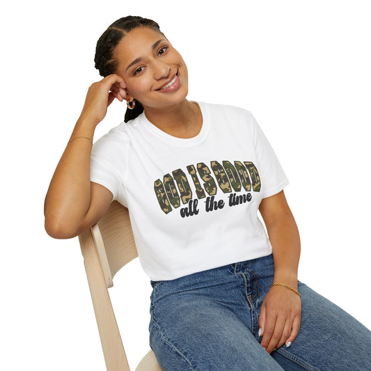 God is Good Faith Based Softstyle T-Shirt (Camo Lettering)