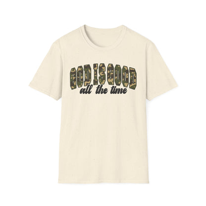 God is Good Faith Based Softstyle T-Shirt (Camo Lettering)