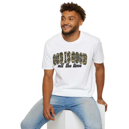 God is Good Faith Based Softstyle T-Shirt (Camo Lettering)