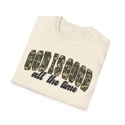 God is Good Faith Based Softstyle T-Shirt (Camo Lettering)