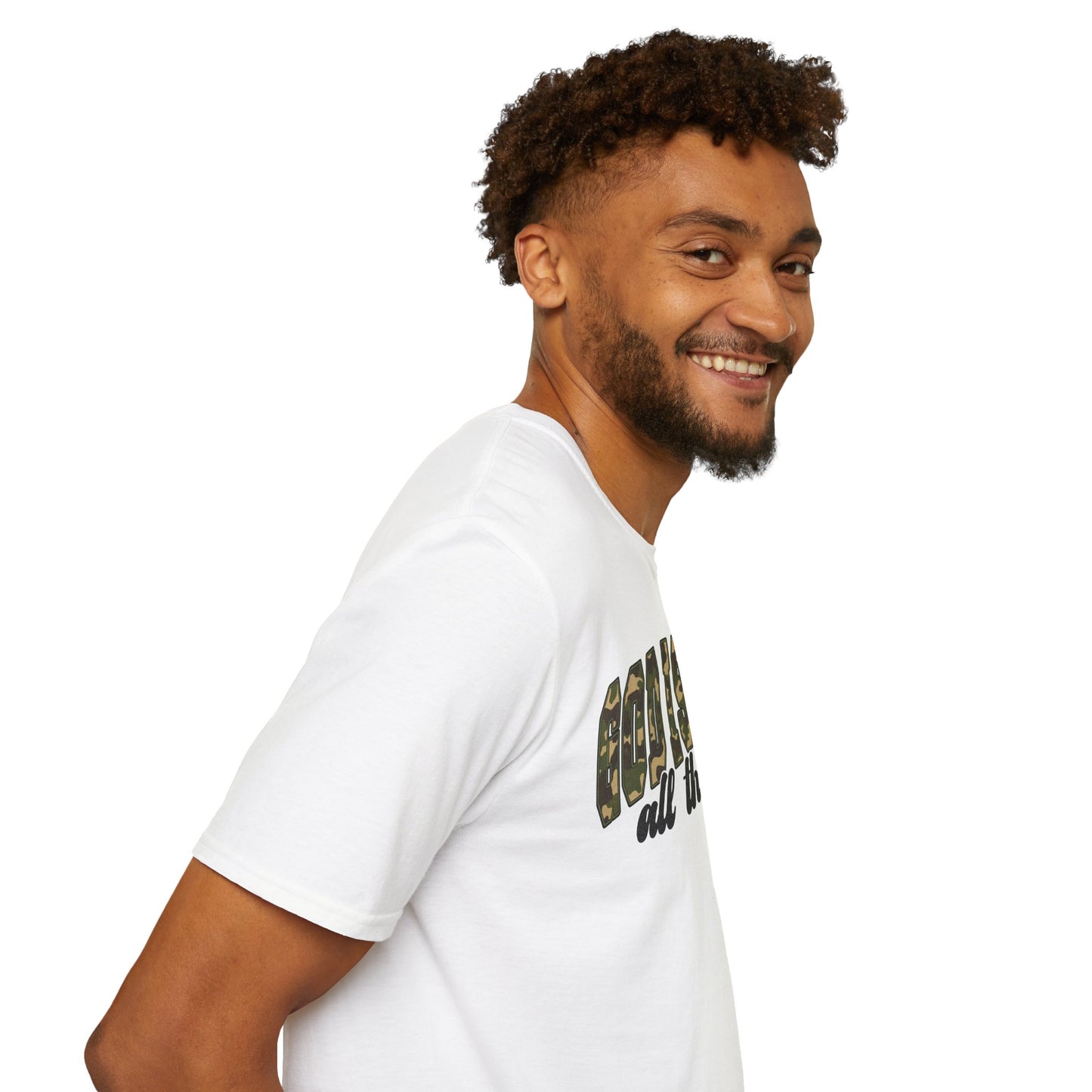 God is Good Faith Based Softstyle T-Shirt (Camo Lettering)