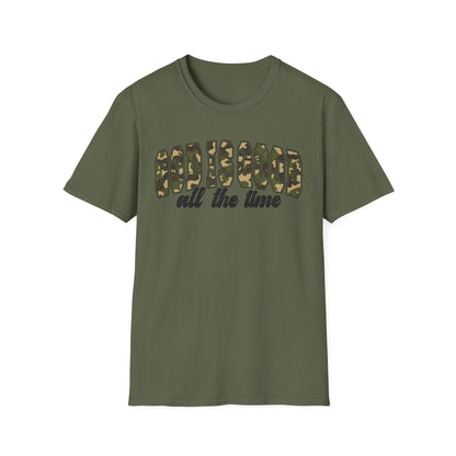 God is Good Faith Based Softstyle T-Shirt (Camo Lettering)