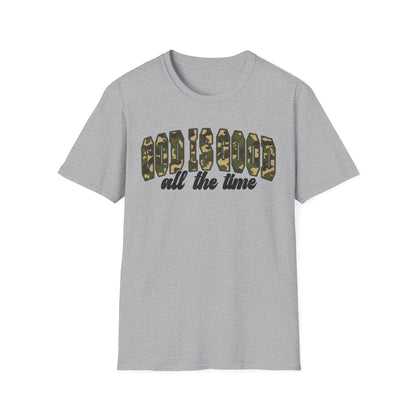 God is Good Faith Based Softstyle T-Shirt (Camo Lettering)
