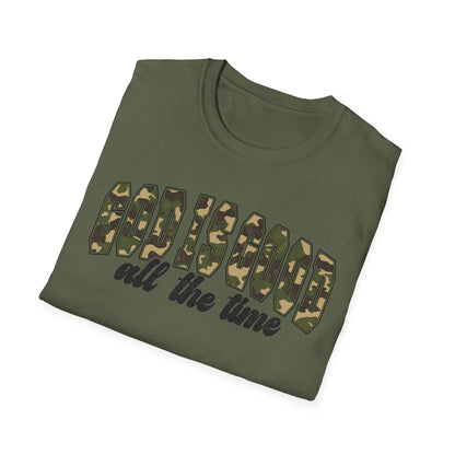 God is Good Faith Based Softstyle T-Shirt (Camo Lettering)