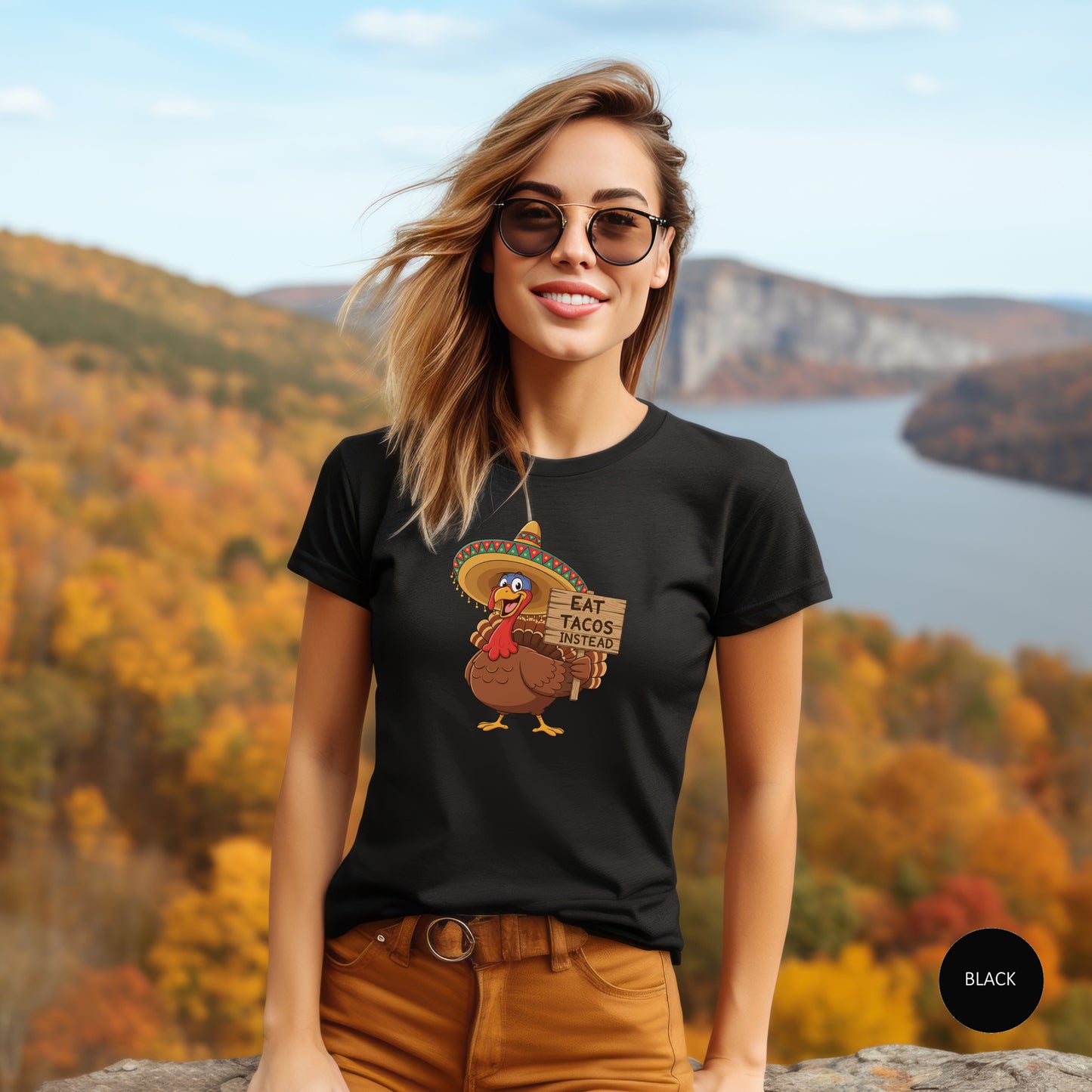 Turkey in Sombrero "Eat Tacos Instead" T-Shirt | Funny Thanksgiving Taco Lovers Shirt