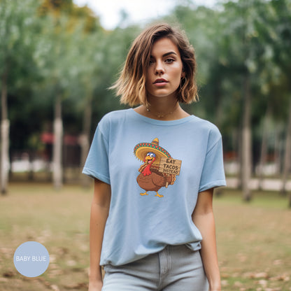 Turkey in Sombrero "Eat Tacos Instead" T-Shirt | Funny Thanksgiving Taco Lovers Shirt