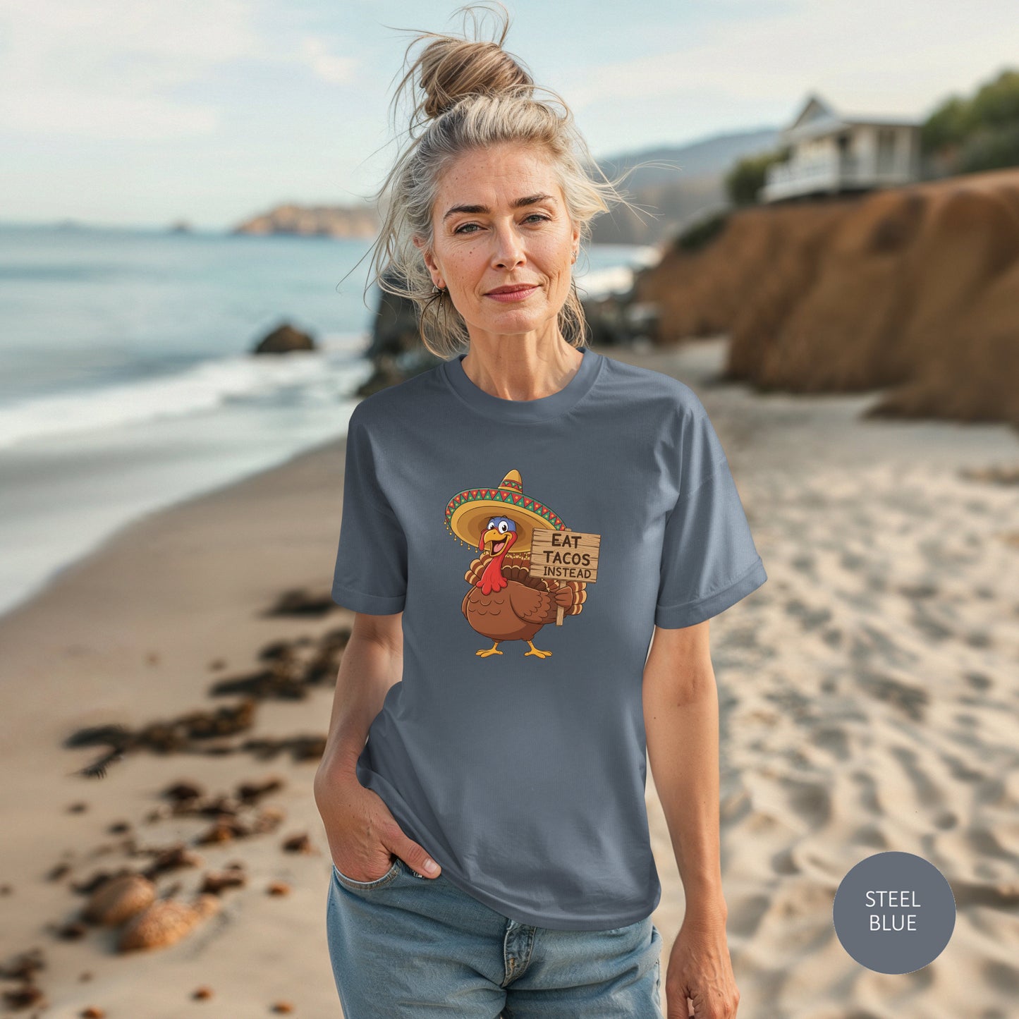 Turkey in Sombrero "Eat Tacos Instead" T-Shirt | Funny Thanksgiving Taco Lovers Shirt