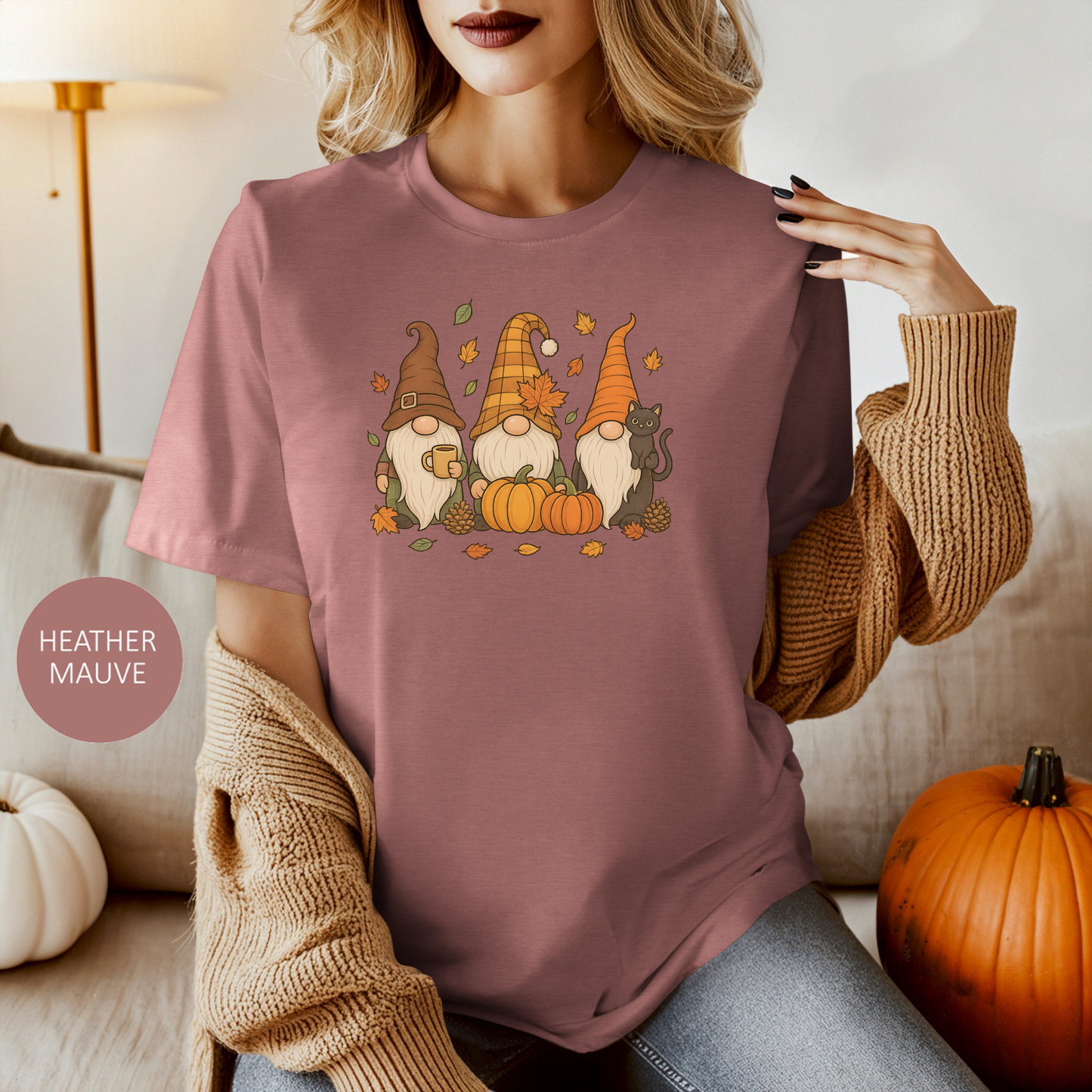 Autumn Gnome Trio T-Shirt | Fall Pumpkin Leaves Tee