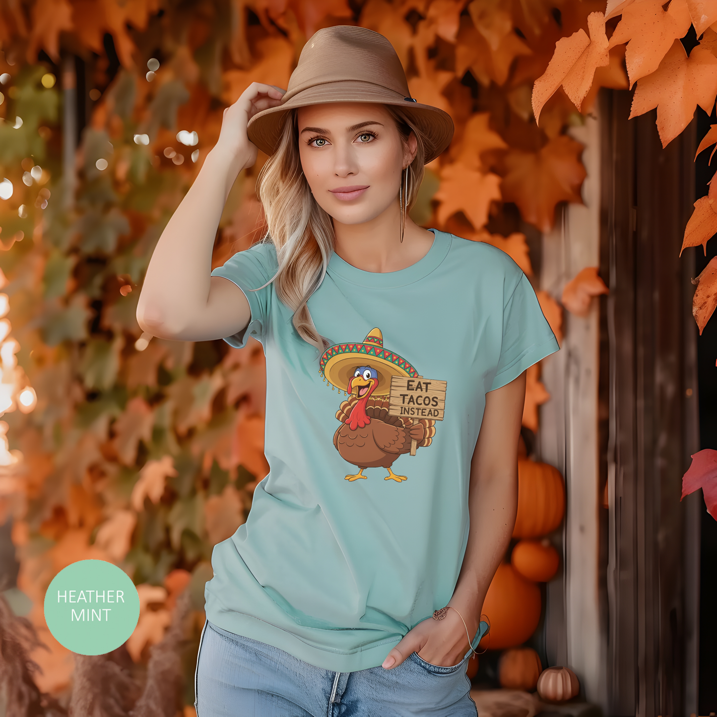 Turkey in Sombrero "Eat Tacos Instead" T-Shirt | Funny Thanksgiving Taco Lovers Shirt