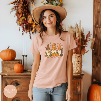 Autumn Gnome Trio T-Shirt | Fall Pumpkin Leaves Tee