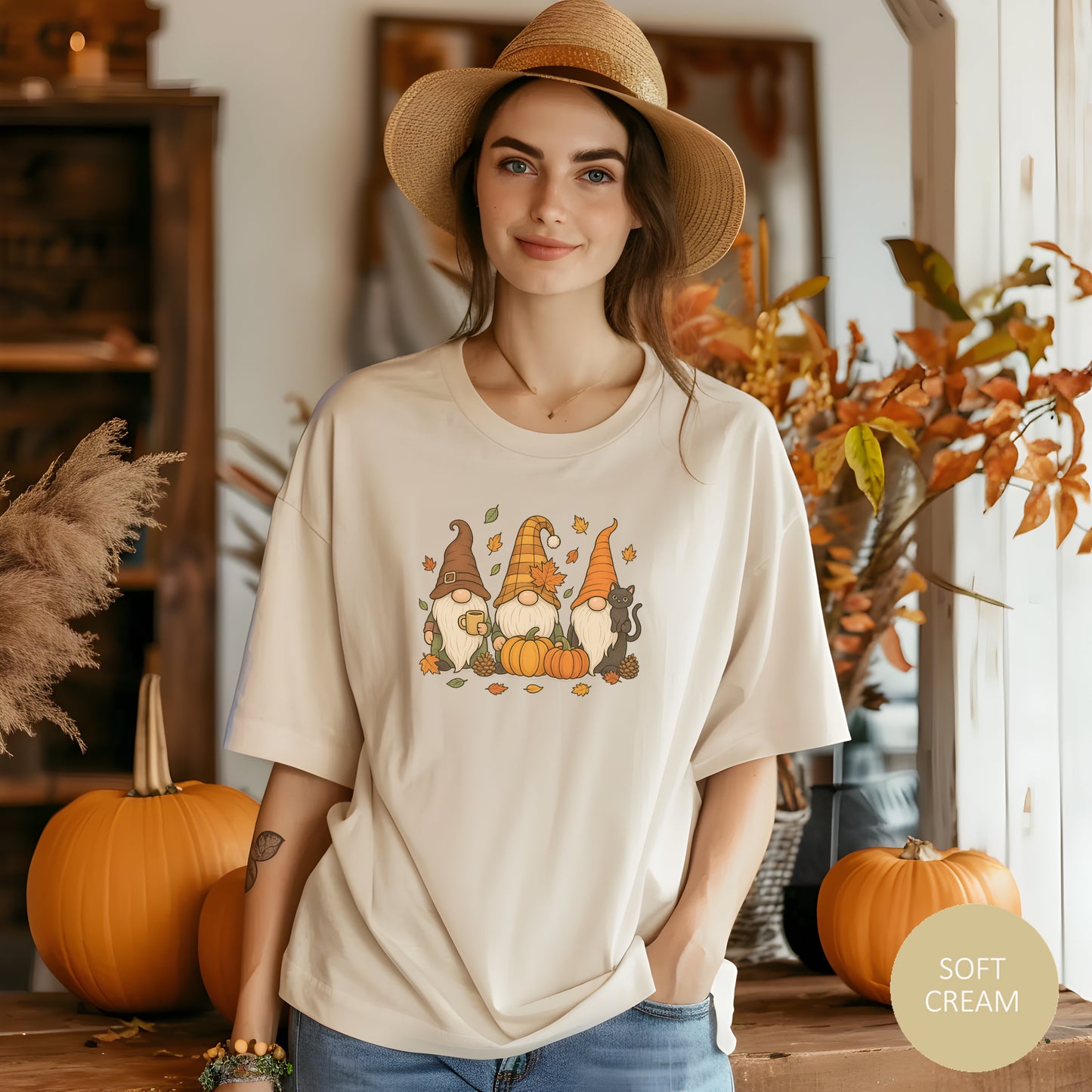 Autumn Gnome Trio T-Shirt | Fall Pumpkin Leaves Tee