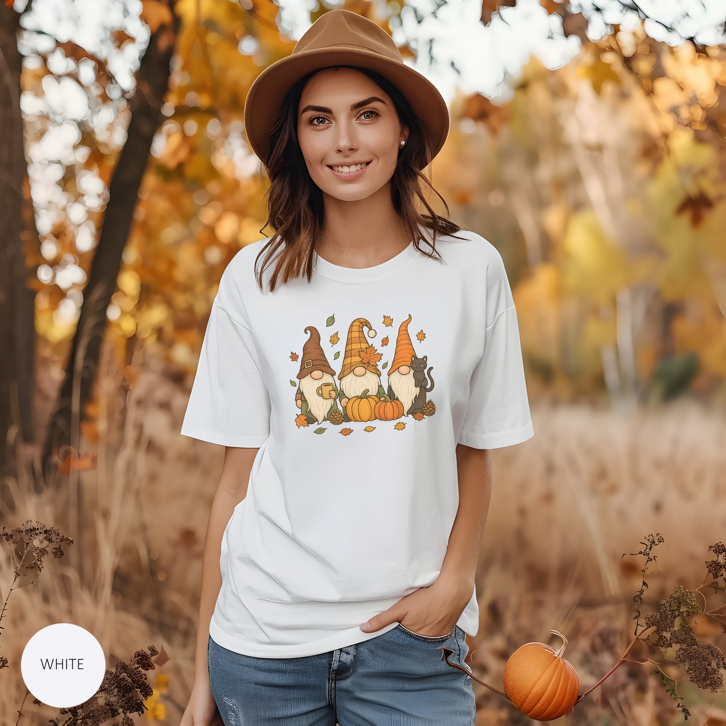 Autumn Gnome Trio T-Shirt | Fall Pumpkin Leaves Tee