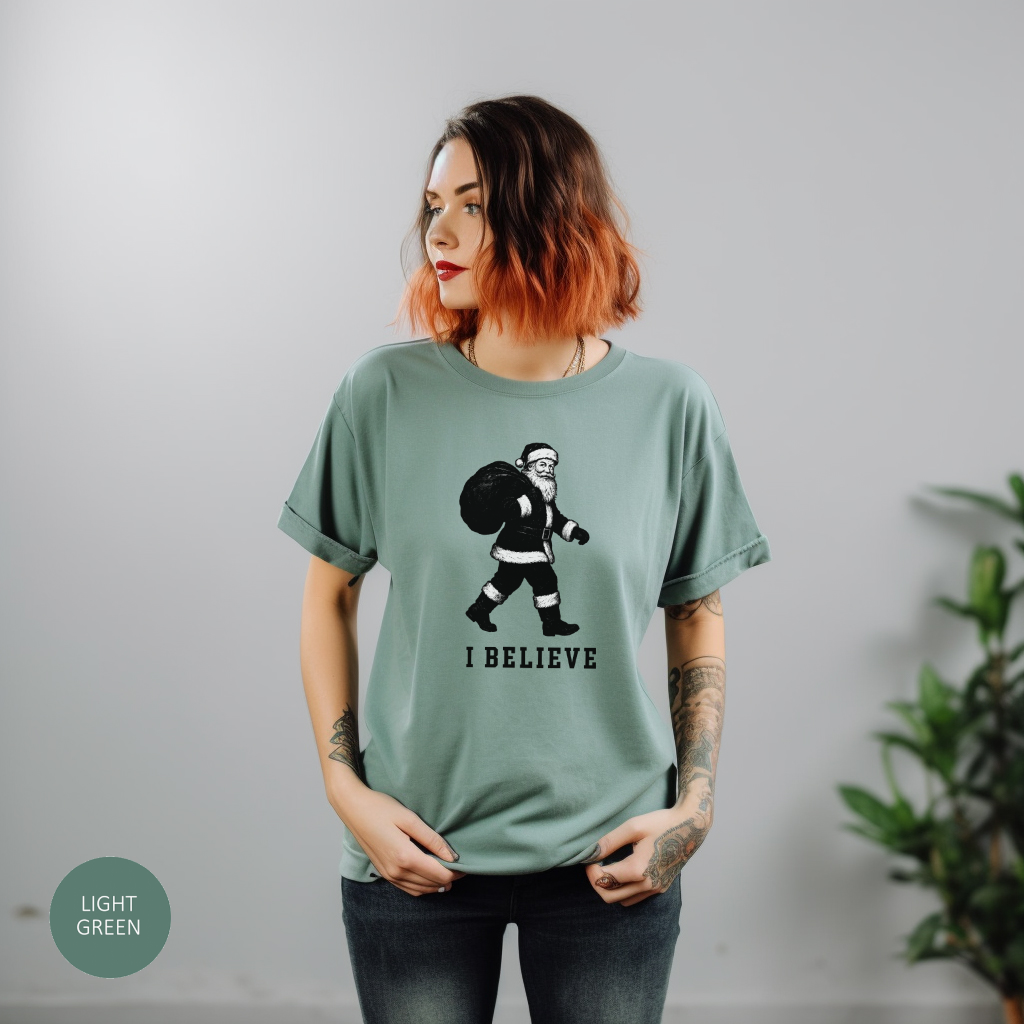 Christmas T-shirt, "I Believe" Santa T-Shirt, Christmas Santa Claus Wardrobe Essential