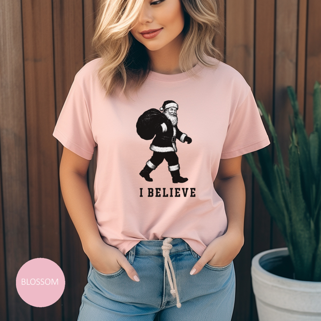 Christmas T-shirt, "I Believe" Santa T-Shirt, Christmas Santa Claus Wardrobe Essential