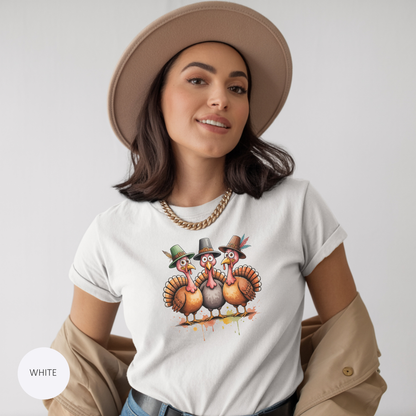 Funny Thanksgiving Turkey Trio T-shirt, Fall Celebration, Family Gatherings, Holiday Apparel, Thanksgiving Gift